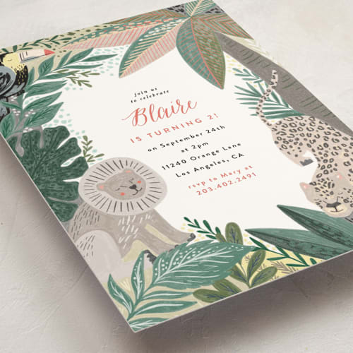 This is a forest kids birthday invitations with standard by Alethea and Ruth called jungle animal sketchbook printing on signature in standard