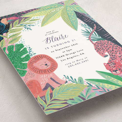 This is a mulberry kids birthday invitations with standard by Alethea and Ruth called jungle animal sketchbook printing on signature in standard