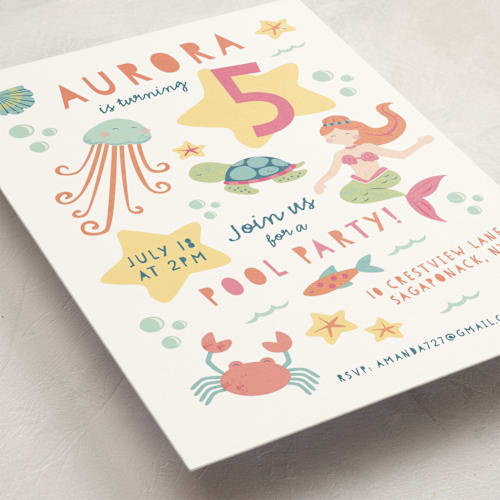 This is a coral kids birthday invitations with standard by peetie design called sirena printing on signature in standard