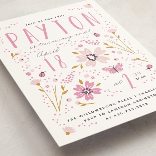 This is a petal kids birthday invitations with standard by Kristie Kern called in the garden printing on signature in standard