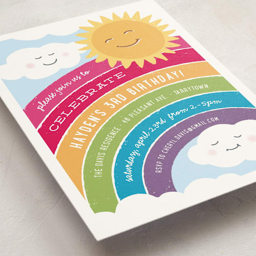This is a rainbow kids birthday invitations with standard by Hooray Creative called joyful rainbow printing on signature in standard