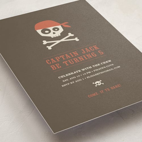 This is a chocolate kids birthday invitations with standard by Lori James called argh pirates printing on signature in standard