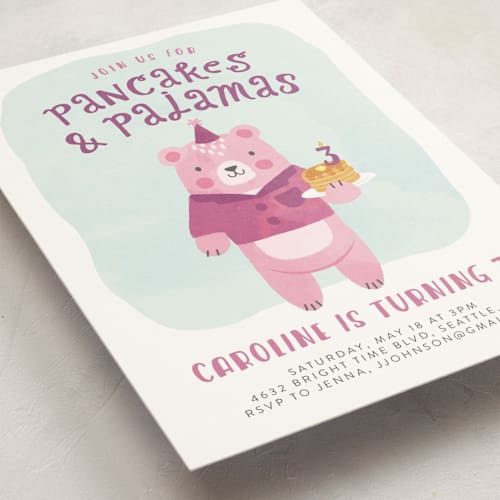 This is a raspberry kids birthday invitations with standard by Jen Banks called pancakes & pajamas printing on signature in standard