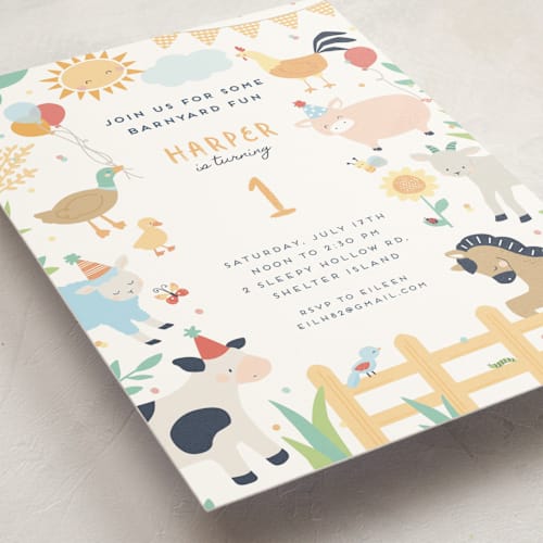 This is a buttercup kids birthday invitations with standard by peetie design called barnyard fun printing on signature in standard