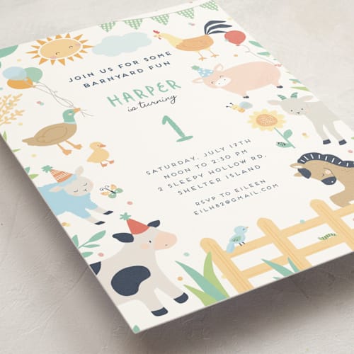 This is a grass kids birthday invitations with standard by peetie design called barnyard fun printing on signature in standard