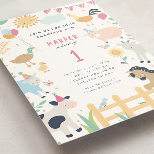 This is a watermelon kids birthday invitations with standard by peetie design called barnyard fun printing on signature in standard