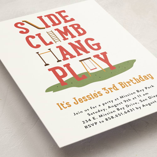 This is a ketchup kids birthday invitations with standard by Erica Krystek called at the playground printing on signature in standard