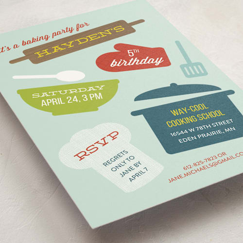This is a aqua kids birthday invitations with standard by Holly Whitcomb called baking party printing on signature in standard
