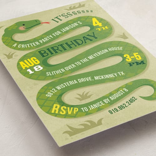 This is a grass kids birthday invitations with standard by Jessica Ogden called slithering snake printing on signature in standard