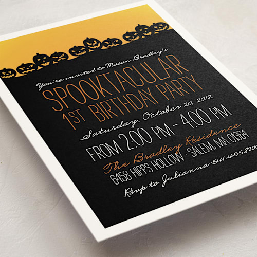 This is a midnight kids birthday invitations with standard by Sarah Brown called spooktacular printing on signature in standard