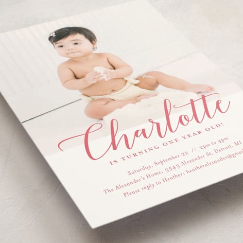 This is a blush kids birthday invitations with standard by Genna Blackburn called big script printing on signature in standard