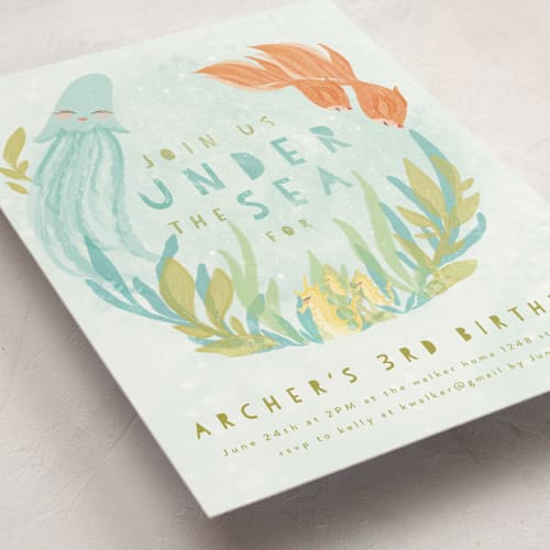 This is a sea weed kids birthday invitations with standard by Grace Kreinbrink called sea party printing on signature in standard