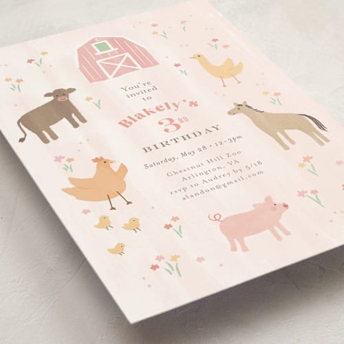 This is a strawberry kids birthday invitations with standard by Jennifer Wick called storybook farm printing on signature in standard