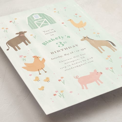 This is a mint kids birthday invitations with standard by Jennifer Wick called storybook farm printing on signature in standard