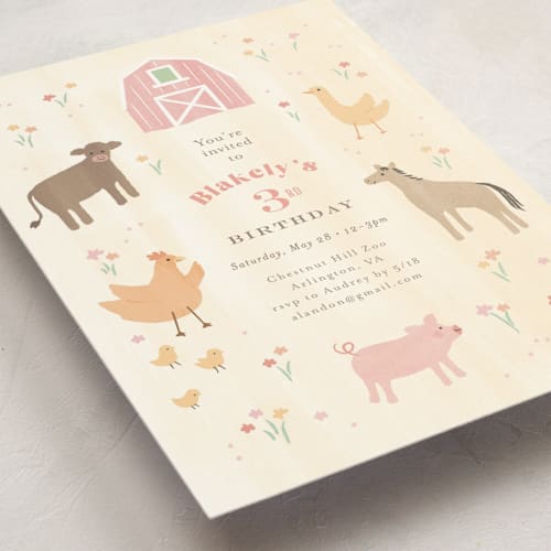 This is a sunshine kids birthday invitations with standard by Jennifer Wick called storybook farm printing on signature in standard