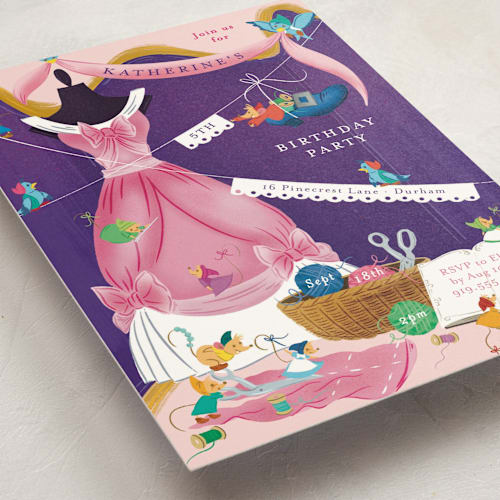 This is a peony kids birthday invitations with standard by Jackie Crawford called disney's cinderella dressmakers printing on signature in standard