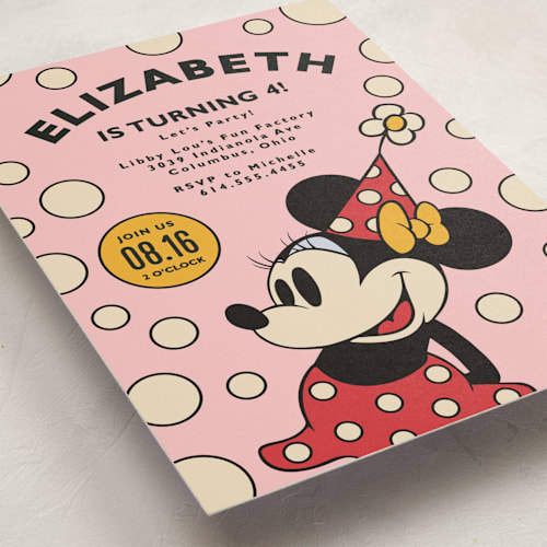 This is a blush kids birthday invitations with standard by Heather Schertzer called disney vintage minnie's mouse printing on signature in standard
