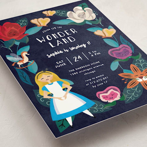 This is a midnight kids birthday invitations with standard by Lehan Veenker called disney's alice in wonderland garden printing on signature in standard