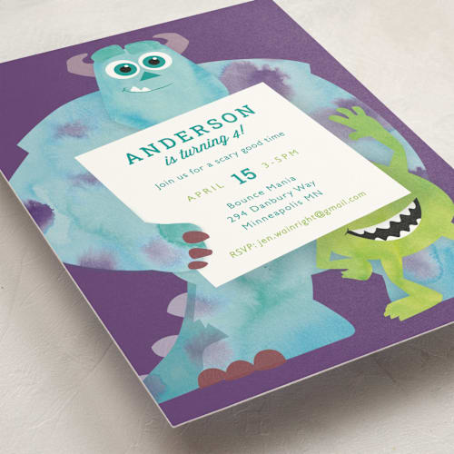 This is a grape kids birthday invitations with standard by Holly Whitcomb called disney and pixar's monster's inc party printing on signature in standard