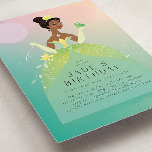 This is a spearmint kids birthday invitations with standard by Lori Wemple called tiana from disney's the princess and the frog printing on signature in standard