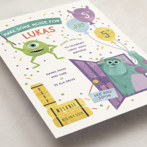 This is a lime slime kids birthday invitations with standard by Sarah Knight called disney and pixar's monster's inc make some noise printing on signature in standard