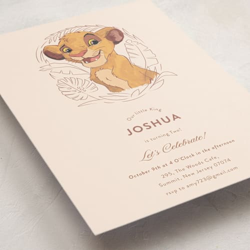 This is a bamboo kids birthday invitations with standard by Teju Reval called simba from disney's the lion king printing on signature in standard