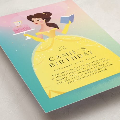 This is a teal kids birthday invitations with standard by Lori Wemple called belle from disney's beauty and the beast printing on signature in standard