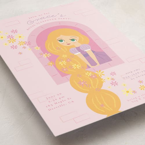This is a strawberry kids birthday invitations with standard by Angela Thompson called disney's rapunzel tower printing on signature in standard