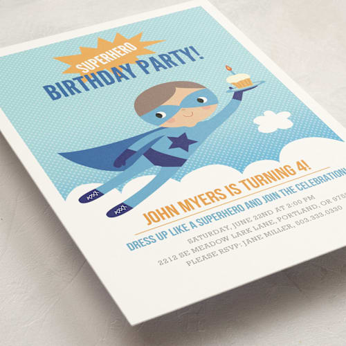 This is a royal blue kids birthday invitations with standard by Tara Lilly Studio called super birthday boy printing on signature in standard