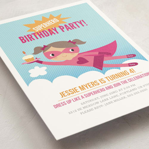 This is a magenta kids birthday invitations with standard by Tara Lilly Studio called super birthday girl printing on signature in standard