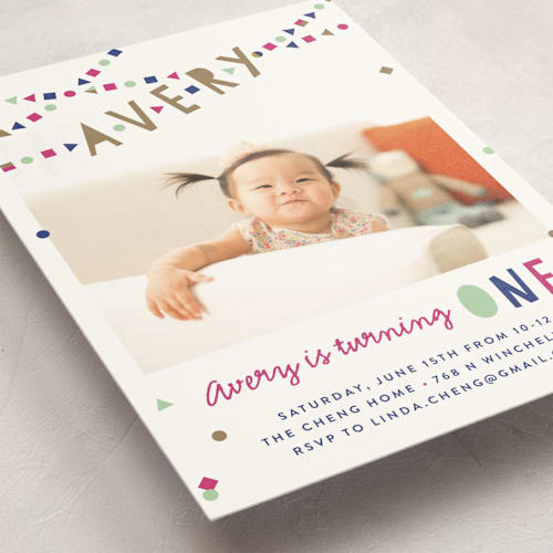 This is a magenta kids birthday invitations with standard by Melissa Egan of Pistols called festive bunting printing on signature in standard