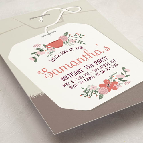 This is a coral kids birthday invitations with standard by Kristin Mastoras called modern tea party printing on signature in standard