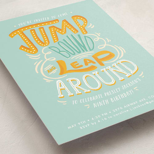 This is a sky kids birthday invitations with standard by Shiny Penny Studio called jump bound & leap printing on signature in standard