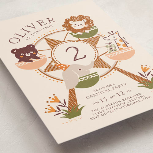 This is a forest kids birthday invitations with standard by Vivian Yiwing called little carnival printing on signature in standard