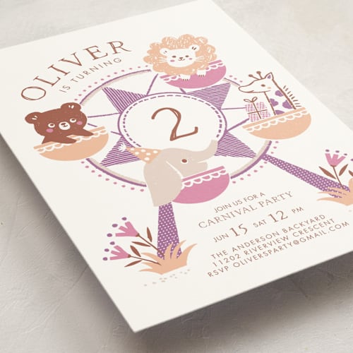 This is a violet kids birthday invitations with standard by Vivian Yiwing called little carnival printing on signature in standard