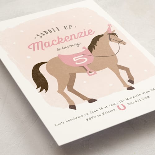This is a rose kids birthday invitations with standard by Karidy Walker called saddle up printing on signature in standard