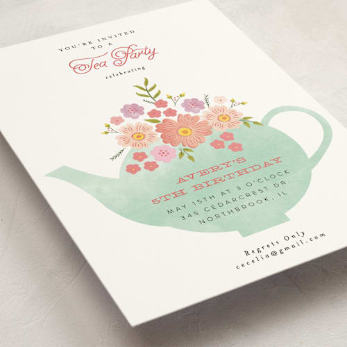 This is a mint kids birthday invitations with standard by Nazia Hyder called tea party printing on signature in standard
