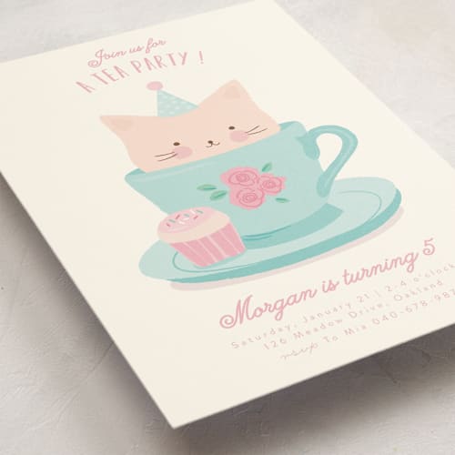 This is a robin's egg kids birthday invitations with standard by Angela Thompson called teacup kitten printing on signature in standard