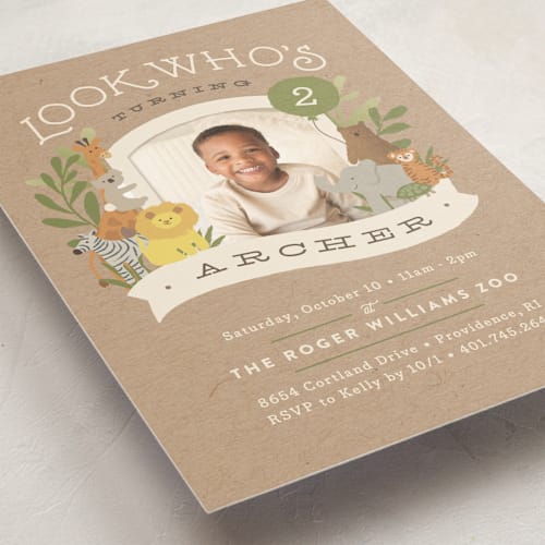 This is a kraft kids birthday invitations with standard by Jennifer Wick called zoo friends printing on signature in standard