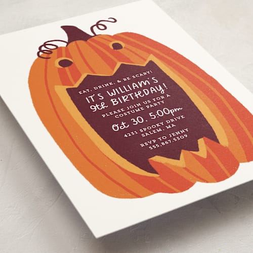 This is a vanilla spice kids birthday invitations with standard by Rebecca Smith called eat, drink, and be scary printing on signature in standard