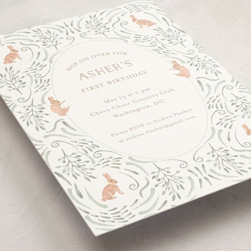 This is a mint kids birthday invitations with standard by Hallie Fischer called hop on over ii printing on signature in standard