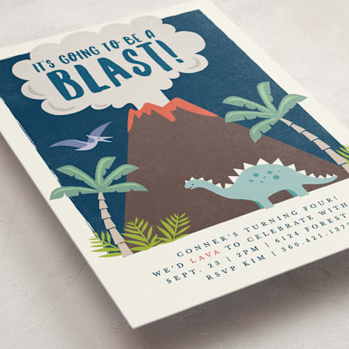 This is a atlantic kids birthday invitations with standard by Karidy Walker called volcano blast printing on signature in standard