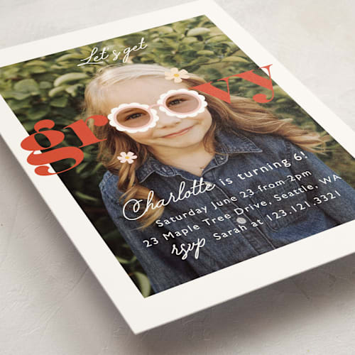 This is a rose kids birthday invitations with standard by Hudson meet Rose called let's get groovy printing on signature in standard