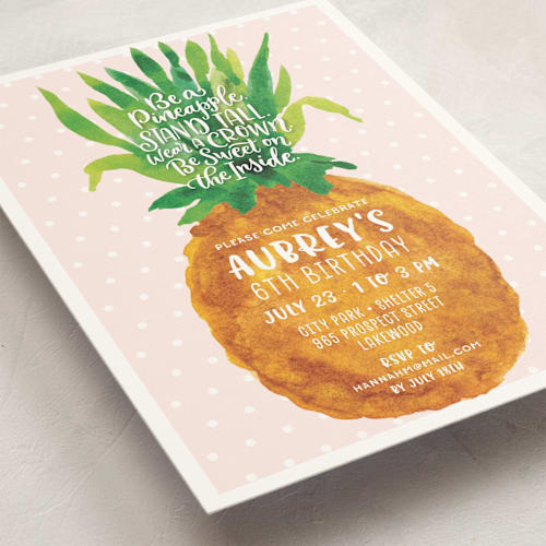 This is a blush kids birthday invitations with standard by Laura Bolter called be a pineapple printing on signature in standard