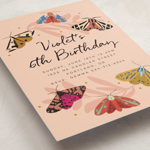 This is a blush kids birthday invitations with standard by Morgan Kendall called night flight printing on signature in standard