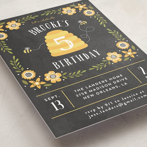 This is a chalkboard kids birthday invitations with standard by Chasity Smith called bee day party printing on signature in standard