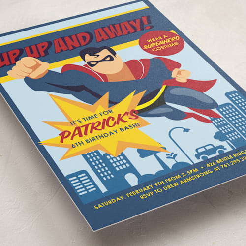 This is a navy kids birthday invitations with standard by Kate Hofstad called up up and away - superman printing on signature in standard
