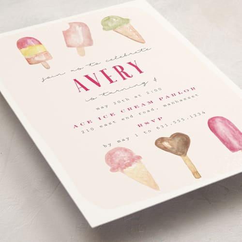 This is a blush kids birthday invitations with standard by Nicoletta Savod called ice cream parlor printing on signature in standard