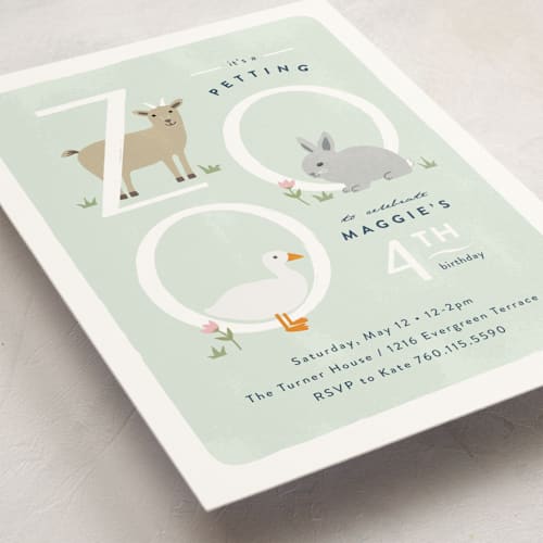 This is a grass kids birthday invitations with standard by Carolyn MacLaren called petting zoo letters printing on signature in standard