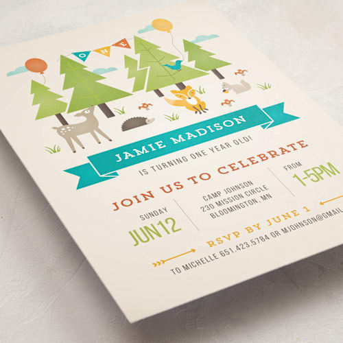 This is a turquoise kids birthday invitations with standard by Michelle Taylor called wild woodland printing on signature in standard